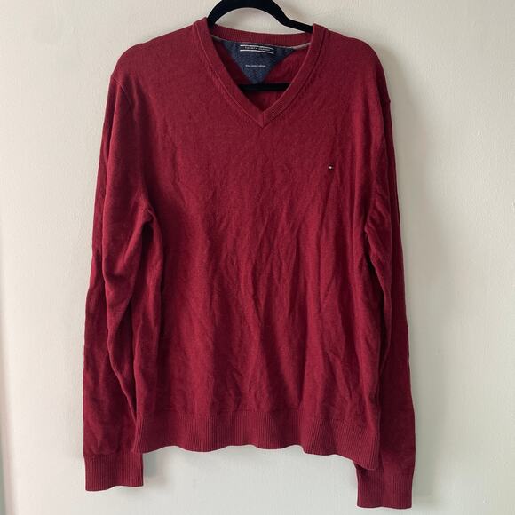 Tommy Hilfiger The Cotton Mix V-Neck Sweater Red Pima Cotton Cashmere Blend S L - Picture 1 of 7